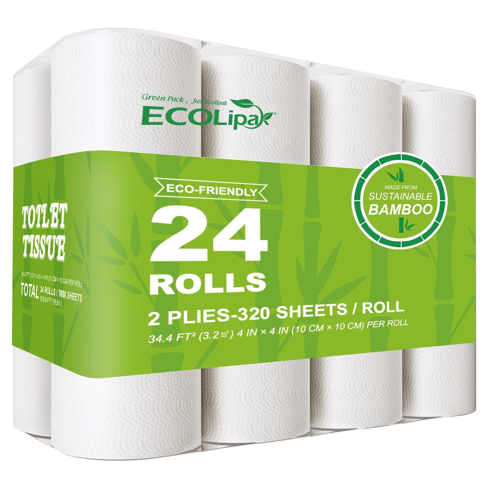 Papel higiénico de bambú ECOLipak, seguro para fosas sépticas, 24 rollos dobles, 320 hojas por rollo, libre de árboles, no tóxico, de doble capa, suave y absorbente, ecológico y sin colorantes.