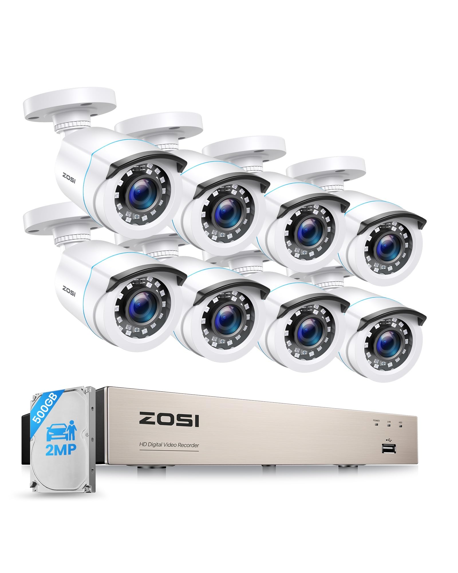ZOSI 1080P Kit Cámaras de Vigilancia 8 Cámara Seguridad Cableada Interior/Exterior con 8CH 2MP DVR Sistema CCTV 500GB Disco Duro para Hogar y Negocio, Detección y Alarma de Personas, Visión Nocturna
