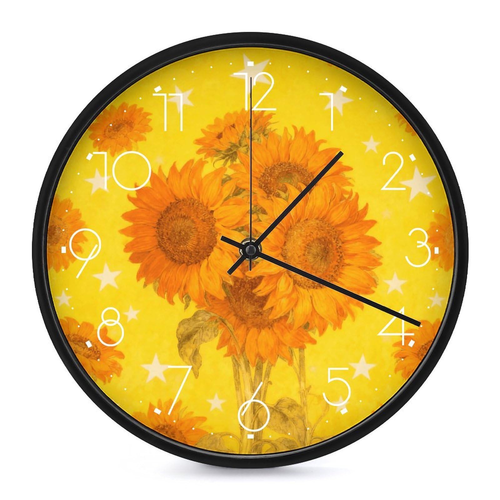 VIDI Horloge murale à motif tournesol et étoiles, horloge murale silencieuse à piles, 25,4 cm, horloge analogique moderne sans tic-tac, décoration pour cuisine, bureau, salle de bain, chambre à