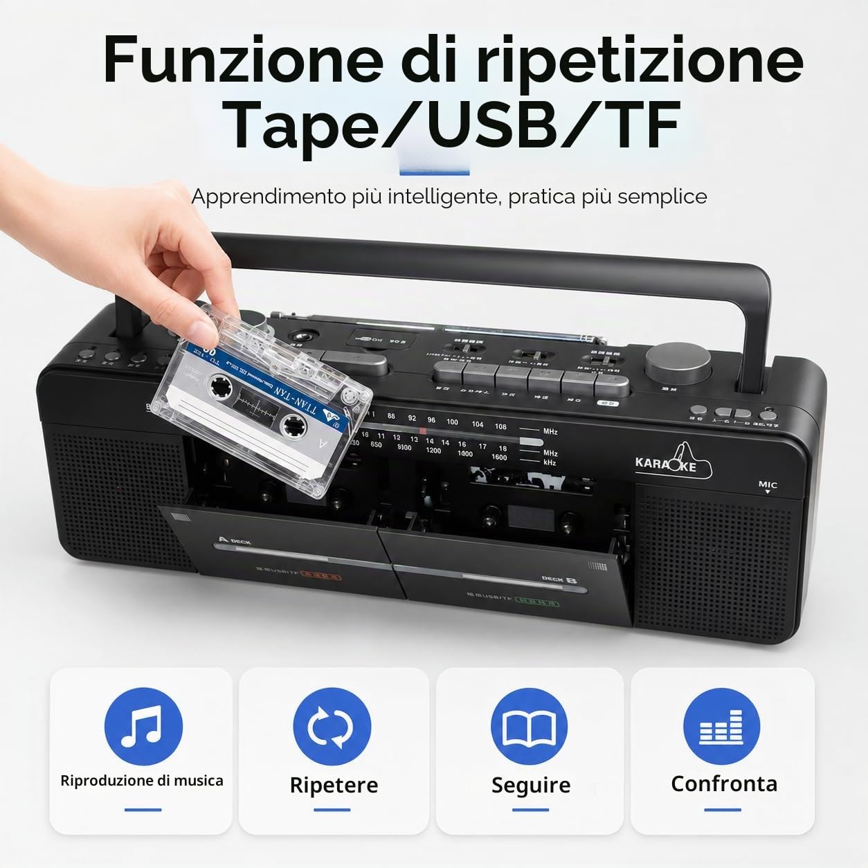 Registratore a doppia cassetta | Radio FM/SW/MW e lettore MP3 | Riproduzione di schede USB/TF con registrazione one-touch