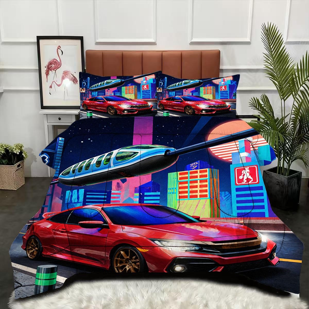 Couette 240 x 260 cm voiture de sport 3D avec taies d'oreiller lit 2 personnes