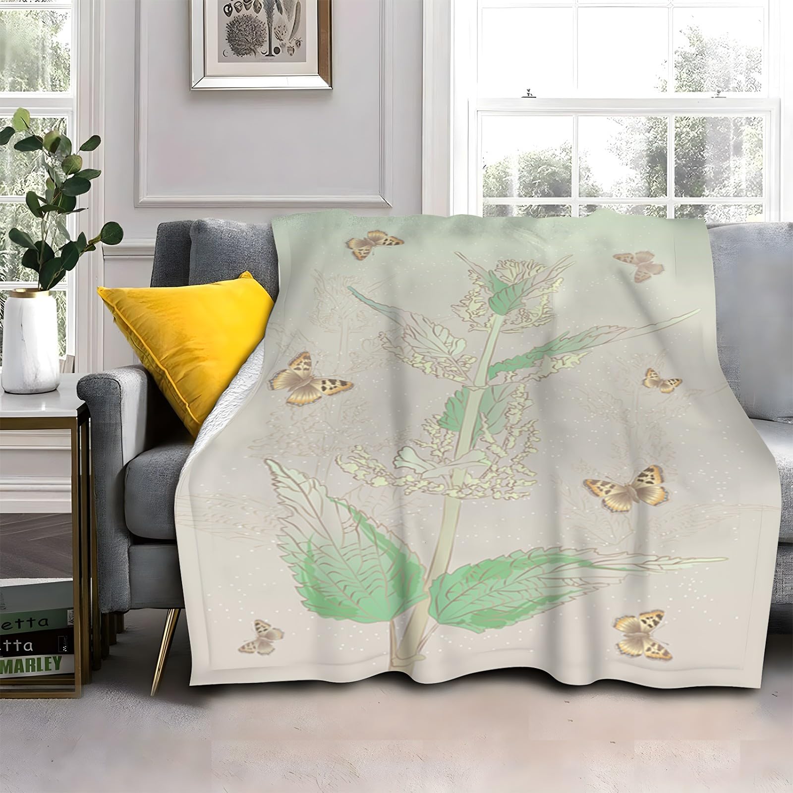 Plaid Épais et Doux Couverture Polaire Plante Jaune Vert Papillon Orange 180x200 cm