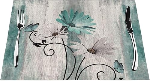 Miniatura 2 de Juego de 4 manteles individuales florales de 12 x 18 pulgadas, diseño de margarita azul turquesa, rectangular, para fiesta, hogar, cocina, comedor,