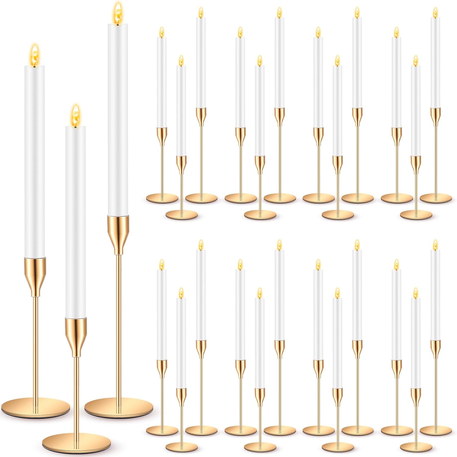 30 Pcs Gold Candlestick Holders with LED Flameless Candles Bulk Includes 15 Metal Candle Holders and 15 Battery Operated Candles for Wedding Table Centerpieces Home Decor Gold Holders, White Candles
