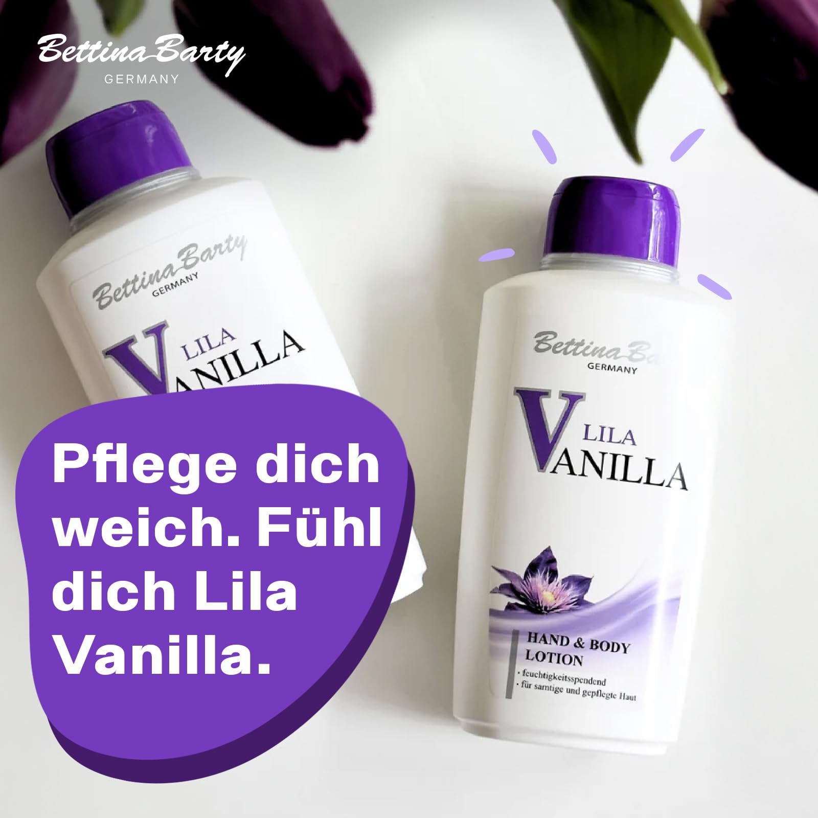 Bettina Barty Lila Vanilla Hand & Body Lotion 12 x 500 ml – Feuchtigkeitspflege mit pudrig-blumigem Vanilleduft für Haut & Hände – Mit schnell einziehender Formel