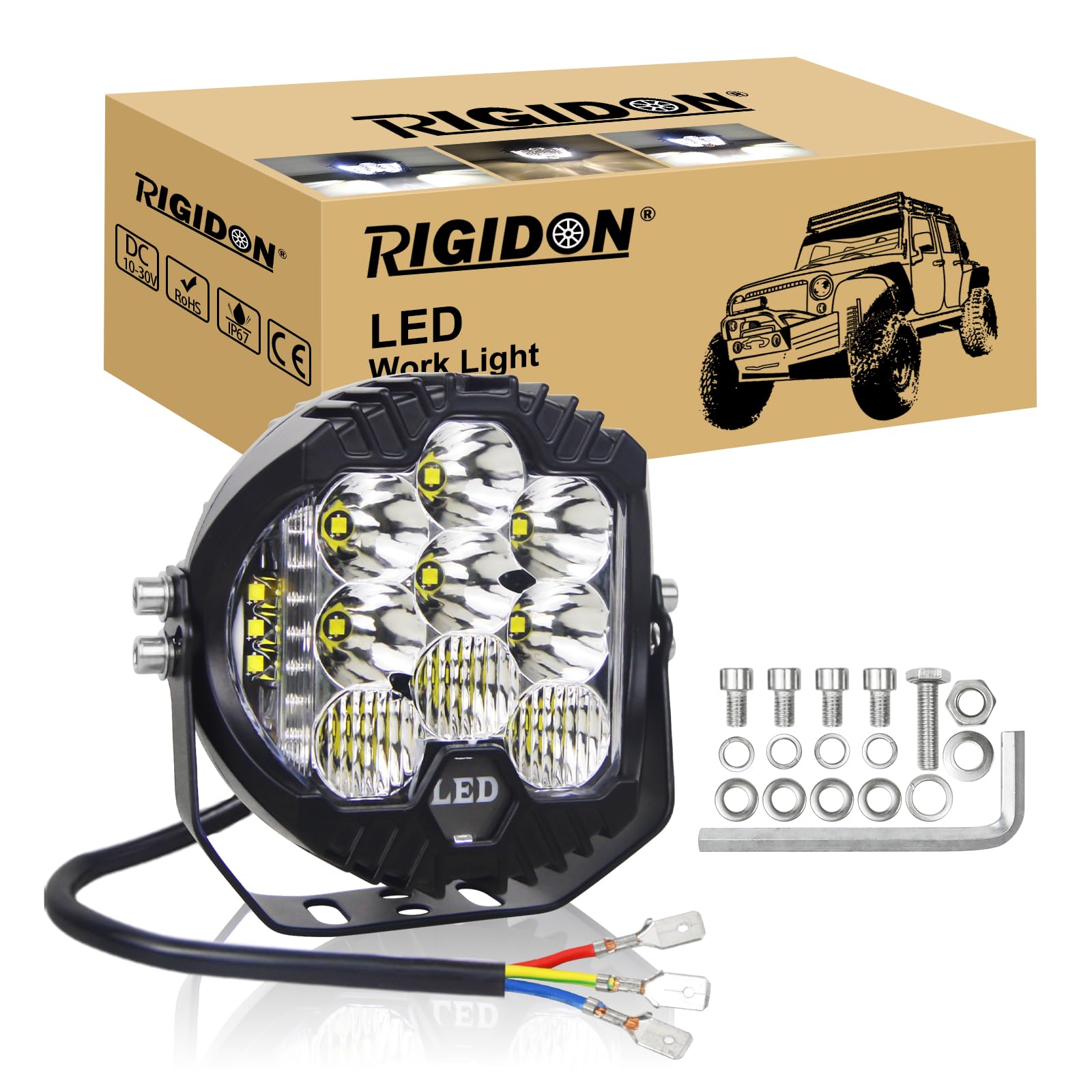 RIGIDON 1x redondo faros de trabajo led, 12V 24V 7 pulgadas 75W 7500lm | 6000K blanco, DRL, impermeable, barra de luz led, conducción, para tractor off road camión coche todoterreno 4x4 vehículos