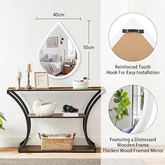 Wall Mirror Decorative Rustic Wood Framed Irregular Farmhouse White Hanging Mirror for Bedroom & Bathroom - Teardrop Shape, 50x40cm