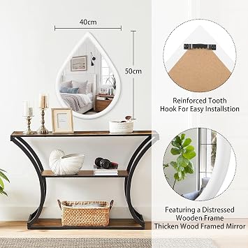 Wall Mirror Decorative Rustic Wood Framed Irregular Farmhouse White Hanging Mirror for Bedroom & Bathroom - Teardrop Shape, 50x40cm