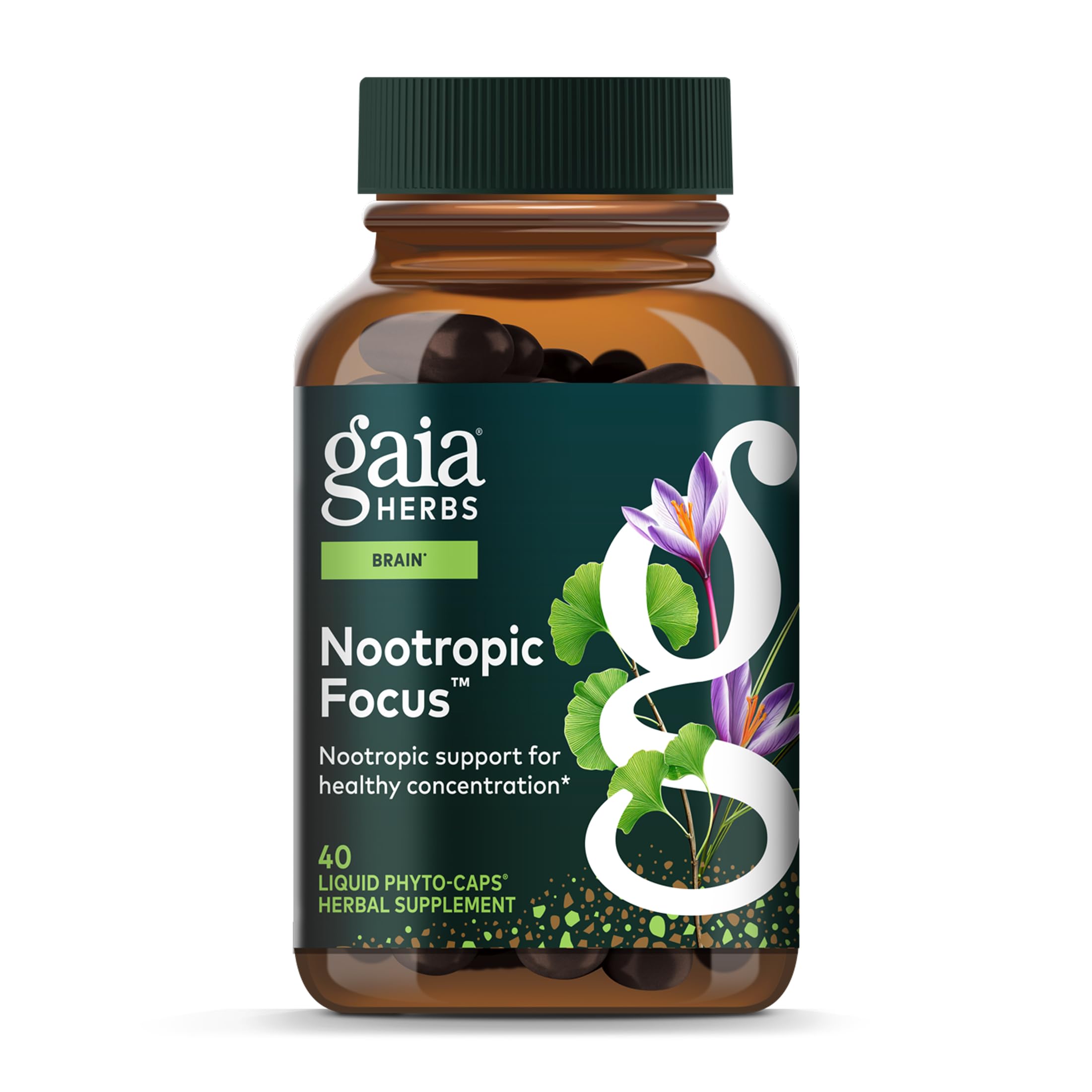 Gaia Herbs Nootropic Focus - Brain & Cognitive Support Supplement to Help Maintain Healthy Concentration* - with Saffron, Lemon Balm & Spearmint - 40 Liquid Phyto-Capsules (Up to 20-Day Supply)