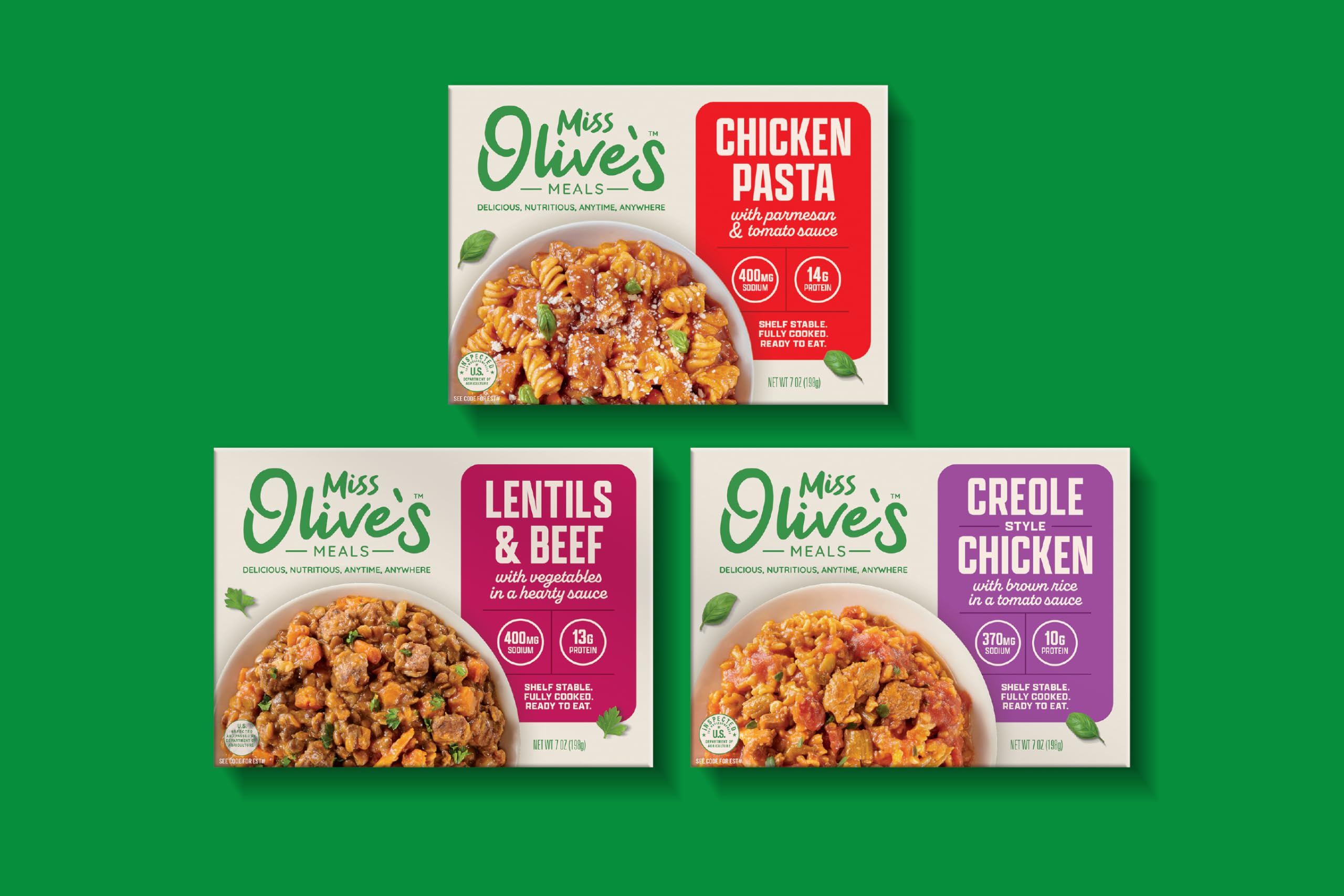 Miss Olive’s Protein Pack – Shelf-Stable Microwavable Ready Meals (6 Pack) – Chicken Creole, Lentils & Beef, Chicken Pasta Parmesan – Fully Cooked Heat & Eat Meals