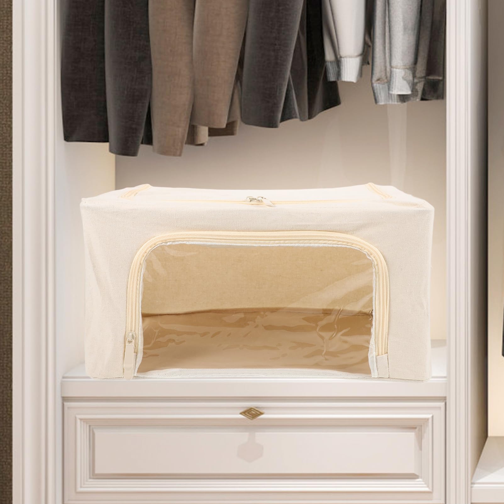 Sosoport Contenitore Pieghevole per Coperte Finestra Trasparente 22l | Tessuto Poliestere Cotone Struttura in Acciaio, Beige, Grande Capienza, per Giocattoli e Piumoni