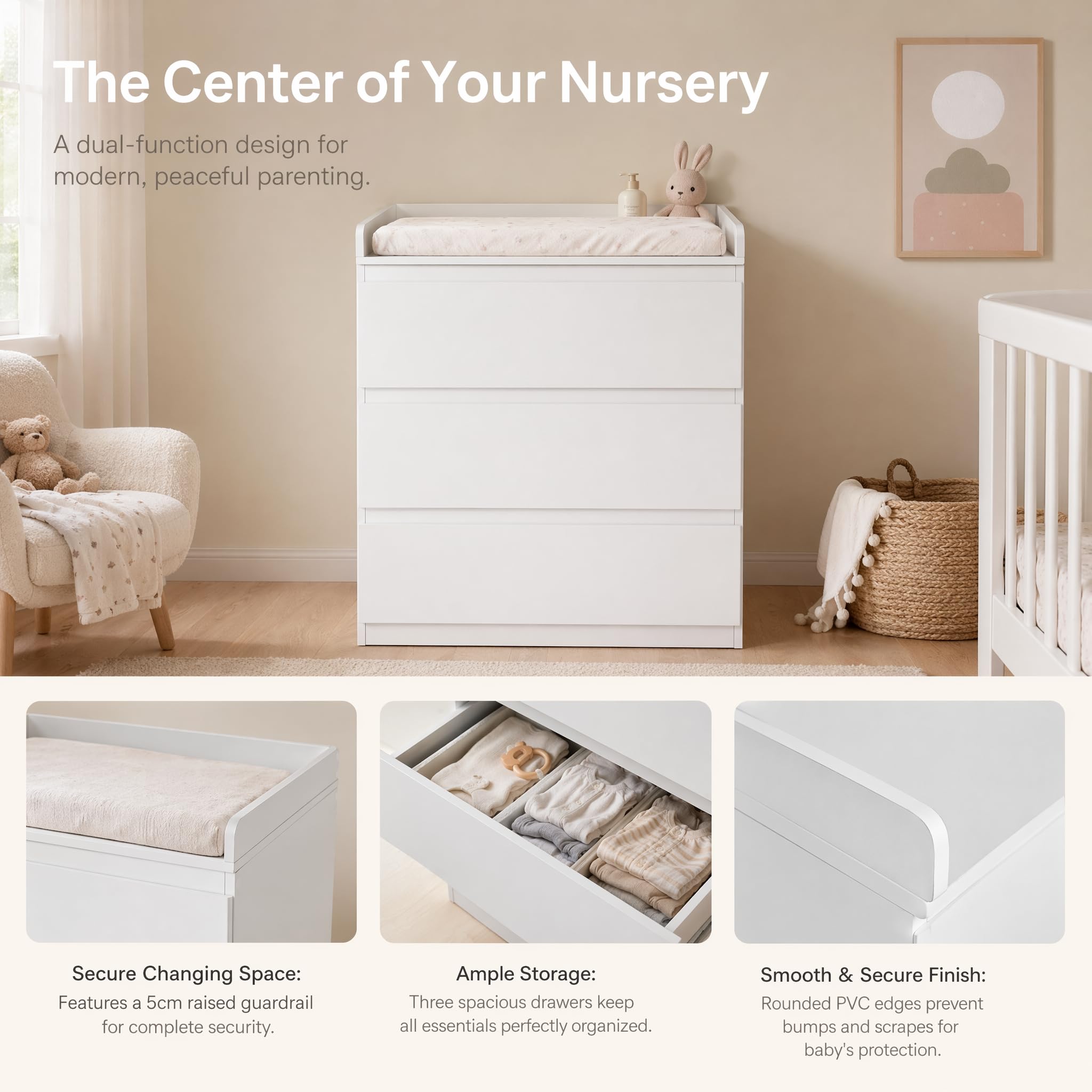 Cassettiera per fasciatoio con cassetti, bianco opaco, cassettiera con 3 cassetti e bordo di sicurezza da 5 cm, con protezione antiribaltamento, moderna cassettiera per la cameretta dei