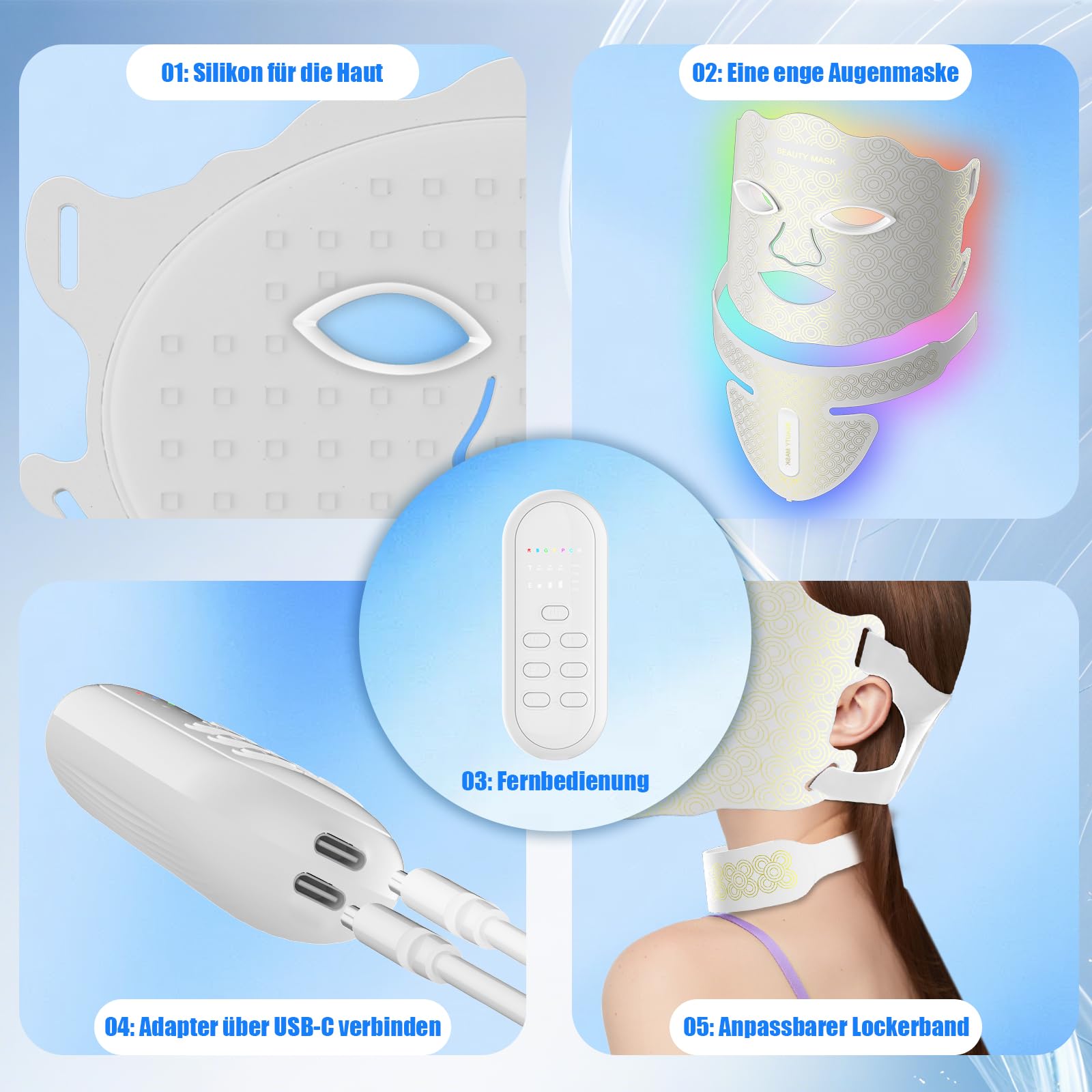 Masque Neck Set LED Visage Professionnel 7 Couleurs – Luminothérapie Anti-Âge Anti-Acné, Stimulation Collagène 630nm, Soin Visage Rajeunissement Peau, Réduction Rides & Taches-Blanc