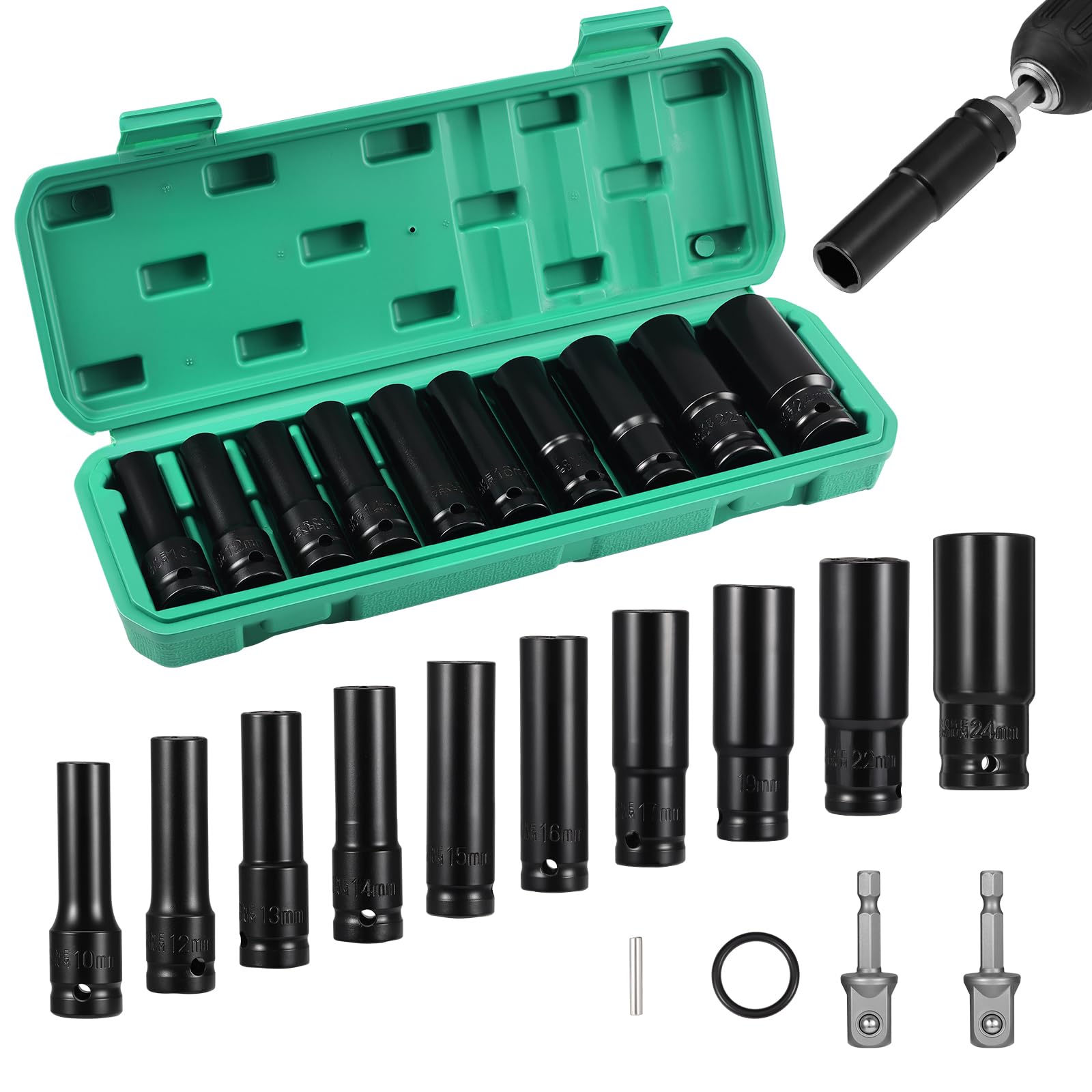 12PCS Deep Impact Set 1/2" Metric Drive Tool Impact Wrench Long Socket Set 10-24mm Hex Socket Adapter and Extension Rod for Car Repairs Tire Change