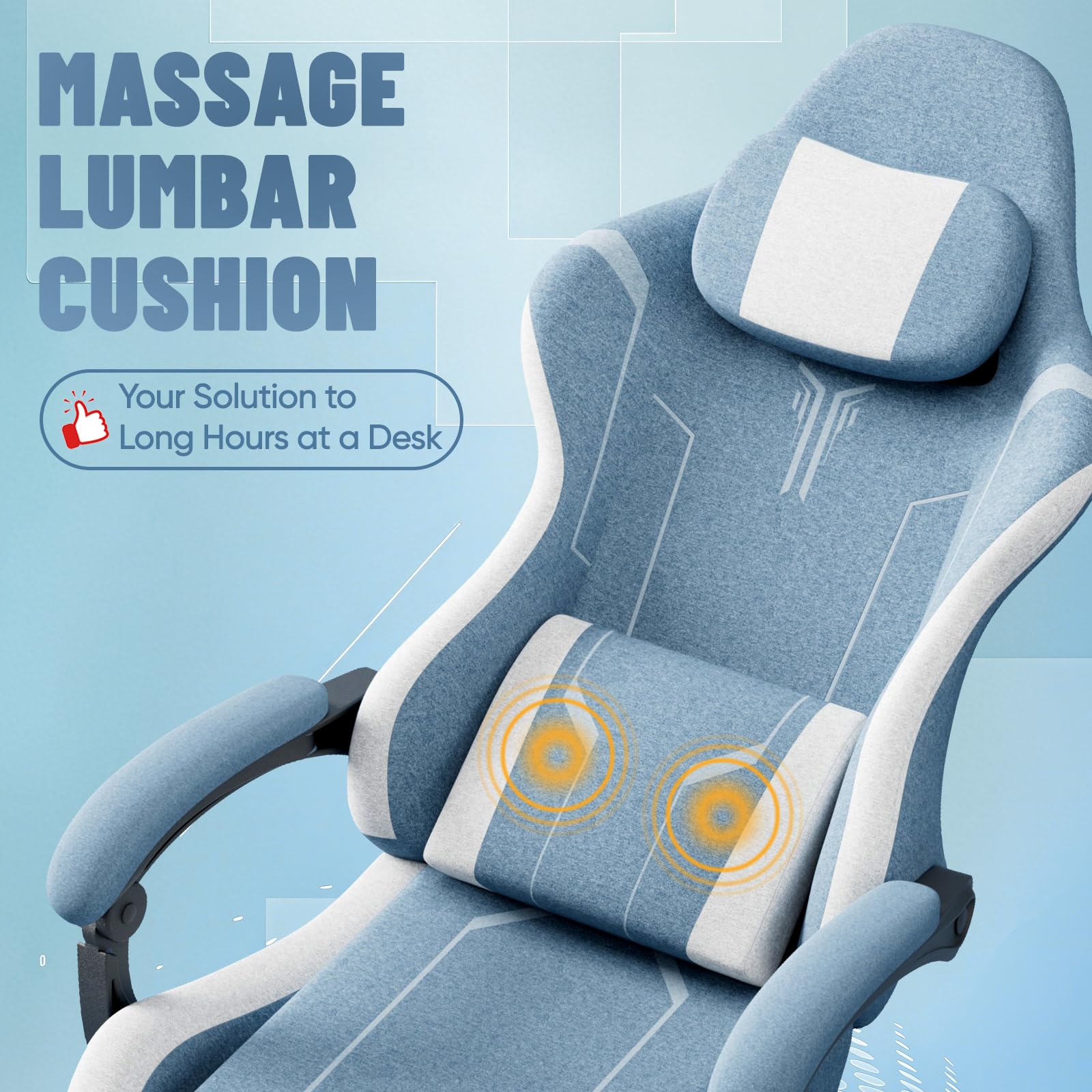Silla de gaming ergonómica con función de masaje, reposapiés, almohada extraíble, reposabrazos integrados, soporta 110 kg, silla de PC para oficina y hogar, color azul