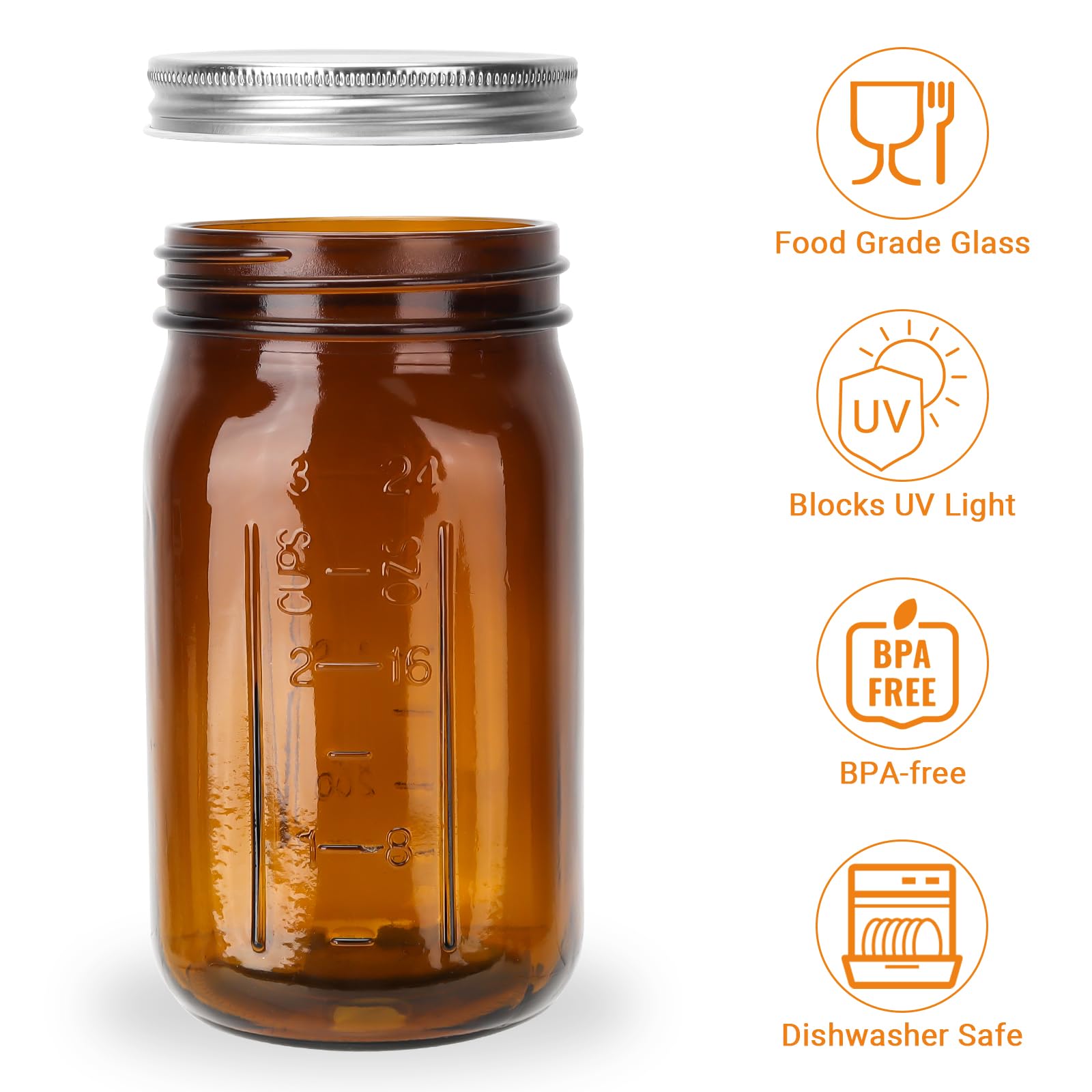 DHSBTLS Tarros de vidrio de 32 onzas, paquete de 6 tarros de vidrio ámbar de boca ancha con tapas y bandas de aluminio plateado, tarros herméticos para almacenamiento de alimentos, enlatado, avena