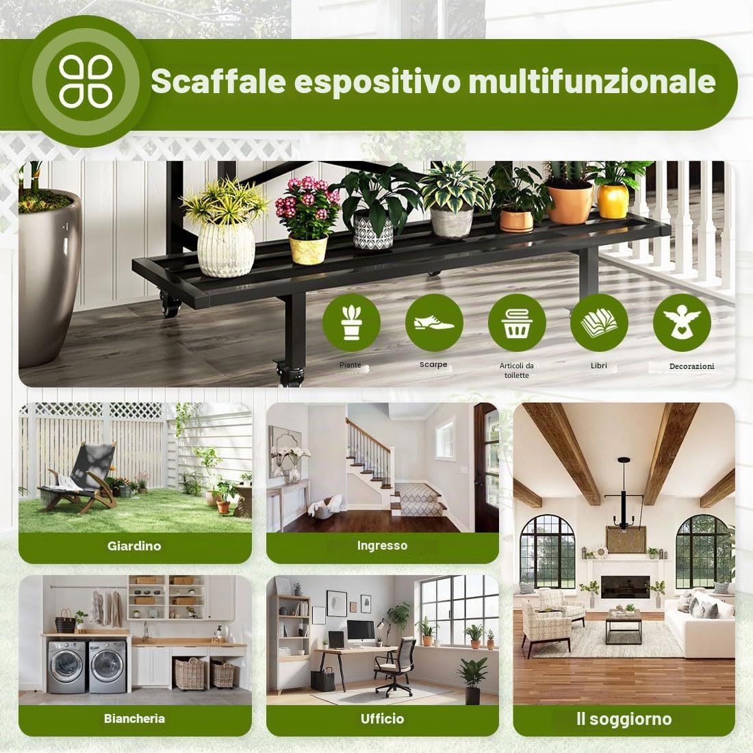 Scaffale per Piante 2 Ripiani con 4 Ruote,Esterno/Interno,Metallo,Nero | Struttura a X, Resistente, Anti Ruggine, Facile Montaggio, 200kg Max, per Balcone, Terrazza, Giardino, Soggiorno