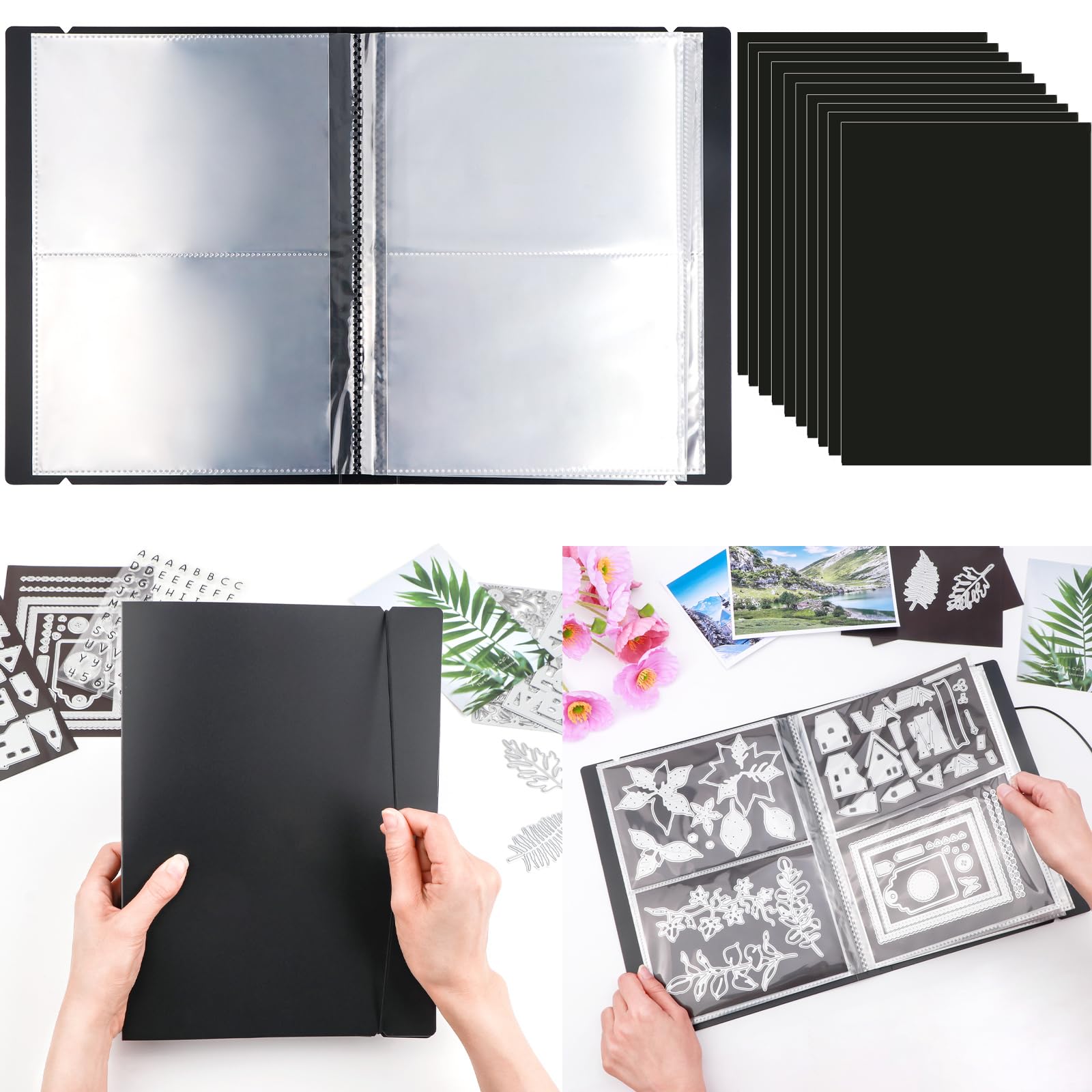 10 Pcs 0.3mm Thickness Magnetic Sheets & 80 pockets/20 pages Storage Album for Stamp and Cutting Dies Storage Book Organizer Folder for Storage Die Cutting,DIY Scrapbooking Card Making Supplie (Black)