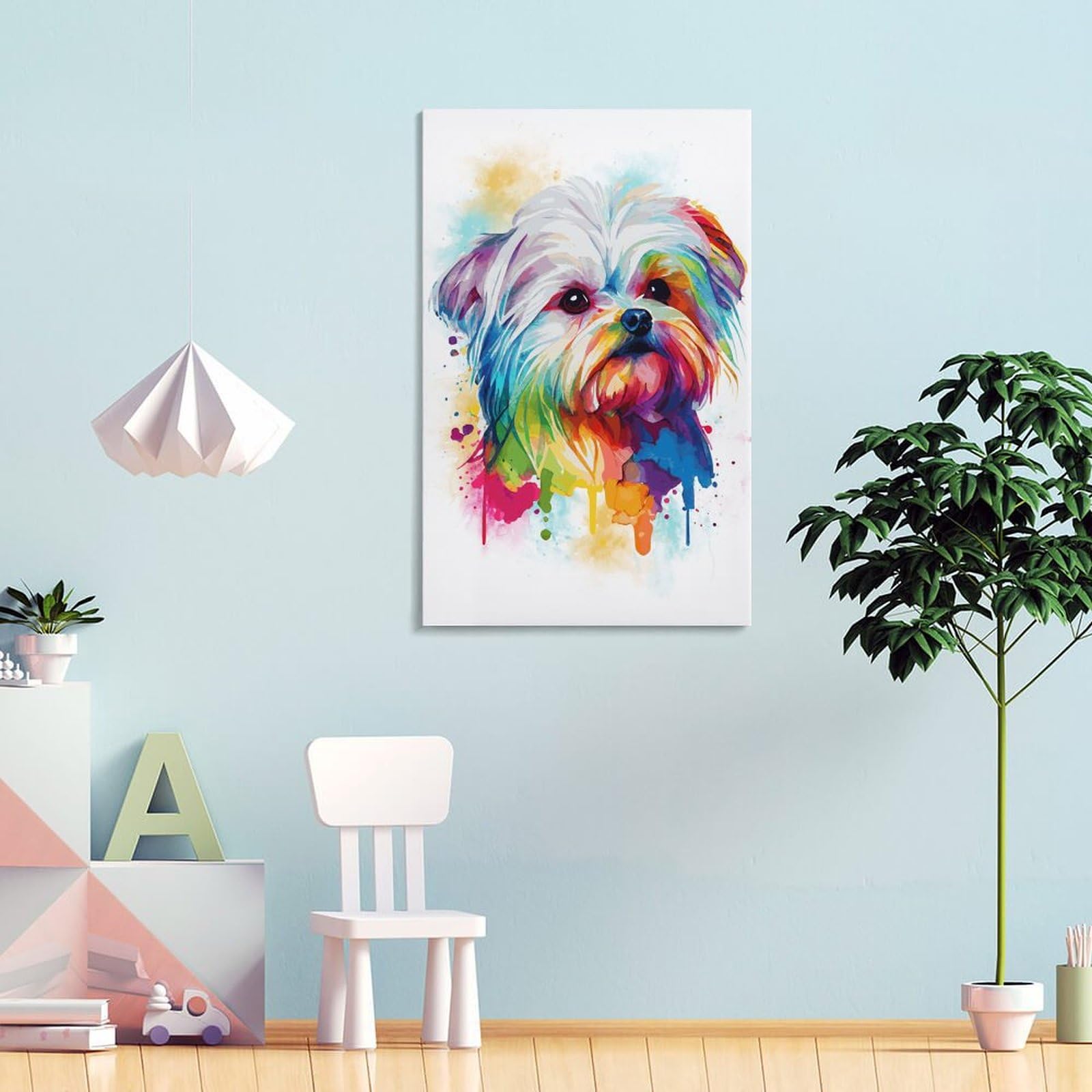 aaaaab Abstraktes Wanddekor-Poster mit Malteser-Hund, Leinwanddruck, modernes Leinwandbild, Wandbehang für Badezimmer, Wanddekoration, 50 x 75 cm