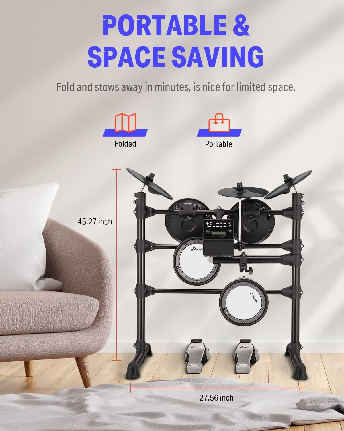Diagram illustrating the folded and portable dimensions of the Donner DED-100 Electronic Drum Set.