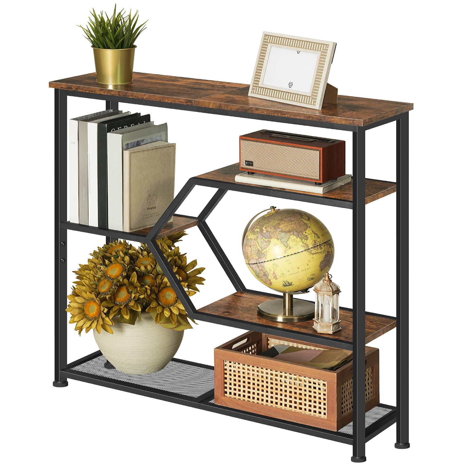 MAHANCRIS 5-stufiger Konsolentisch, Schmal Beistelltisch, 80 cm Sofatisch, Eingangstisch im Industrie-Stil, Metallrahmen, für Wohnzimmer, Eingangsbereich, Flur, Vintagebraun und Schwarz ACTHR13101