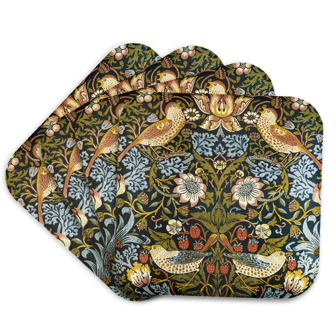 3dRose William Morris Strawberry Thief Pattern - Soft Coasters, Set of 4 (cst_219390_1)