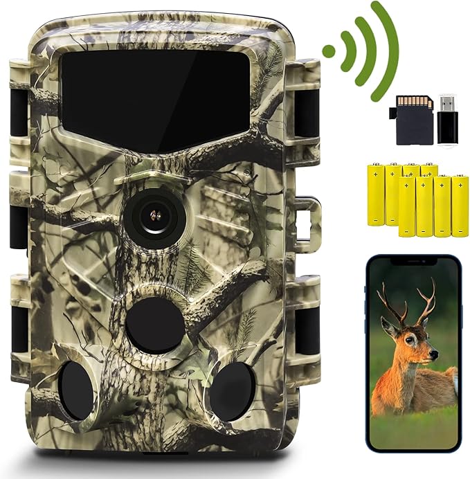 JOH WiFi Trail Camera, 4K 32MP Hunting Cameras with Low Glow Night Vision, 0.1s