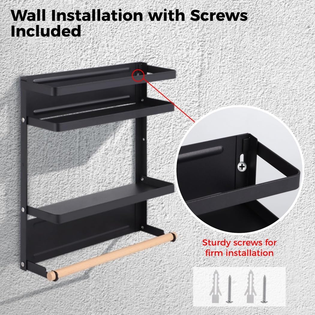 Rustic Metal Paper Towel Holder with Magnetic Shelf, Heavy Duty Hooks for Kitchen and Garage
