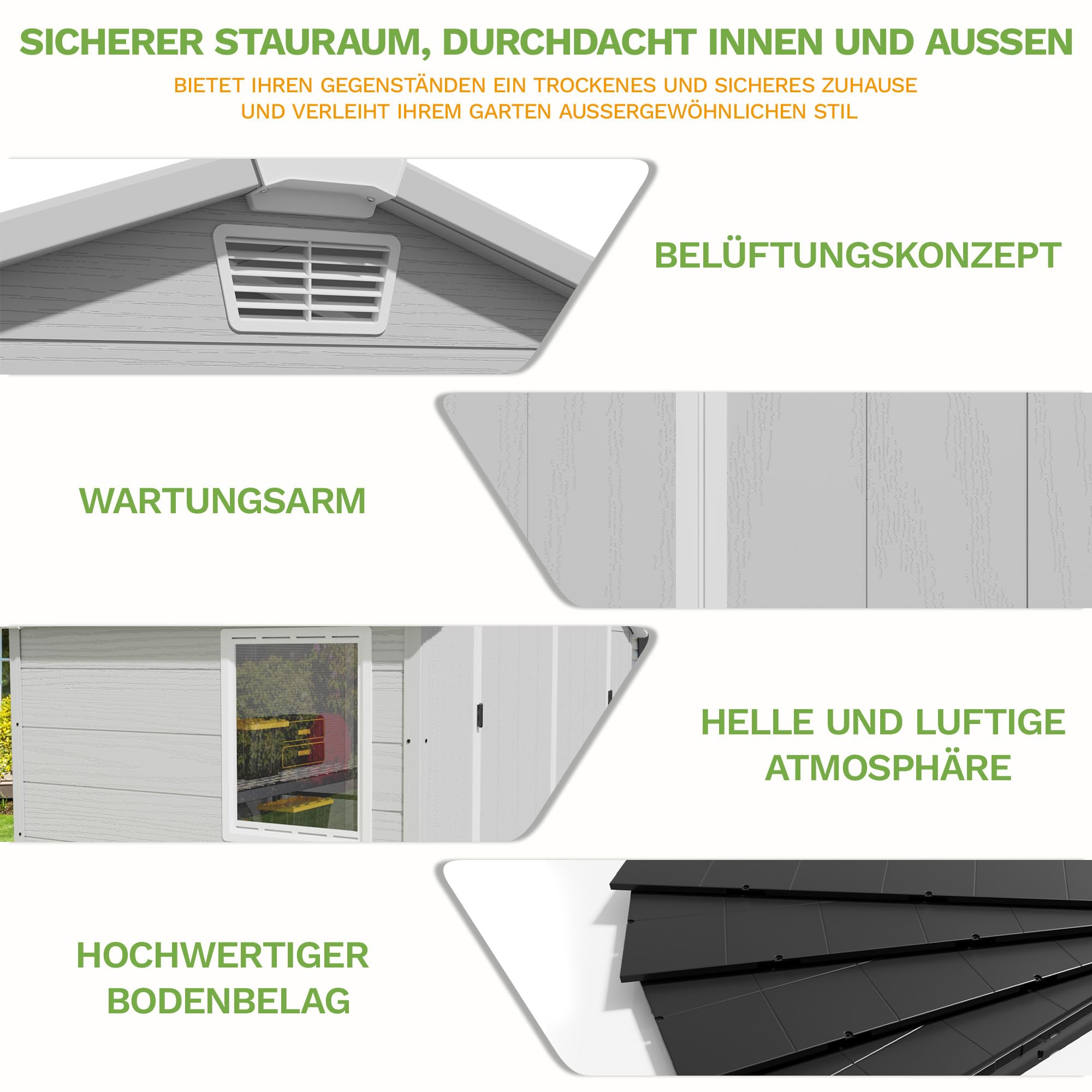 Devoko 6x4 Gartenhaus Kunststoff 4,7m³, 185x121x210 cm Gerätehaus mit Boden, Geräteschuppen, Fahrradschuppen mit Abschließbar Tür, Wetterfest für Garten Rasen, Hellgrau