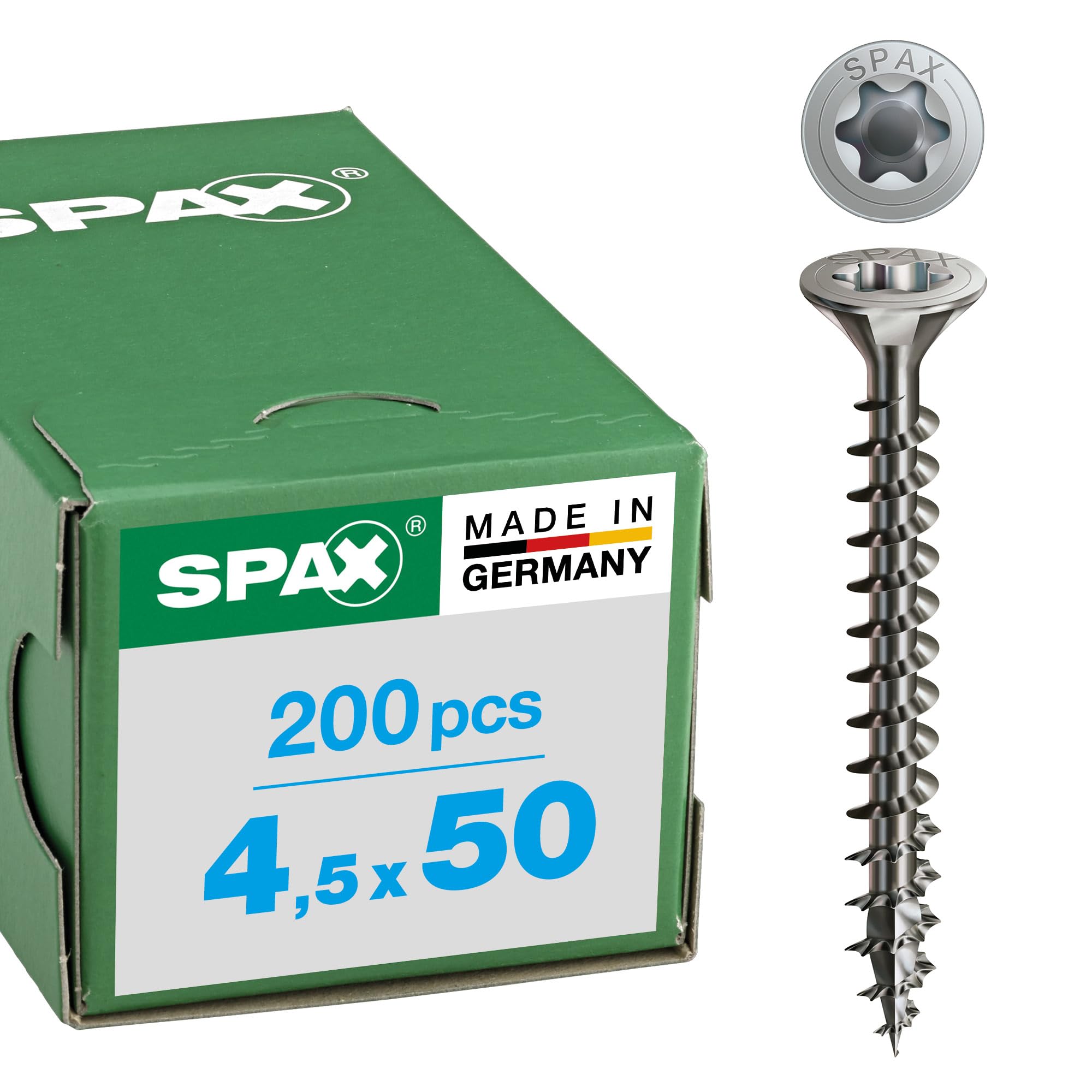 SPAX Universalschraube aus Edelstahl rostfrei A2, 4,5 x 50 mm, 200 Stück, T-STAR plus, Senkkopf, Vollgewinde, 4CUT, 1197000450503
