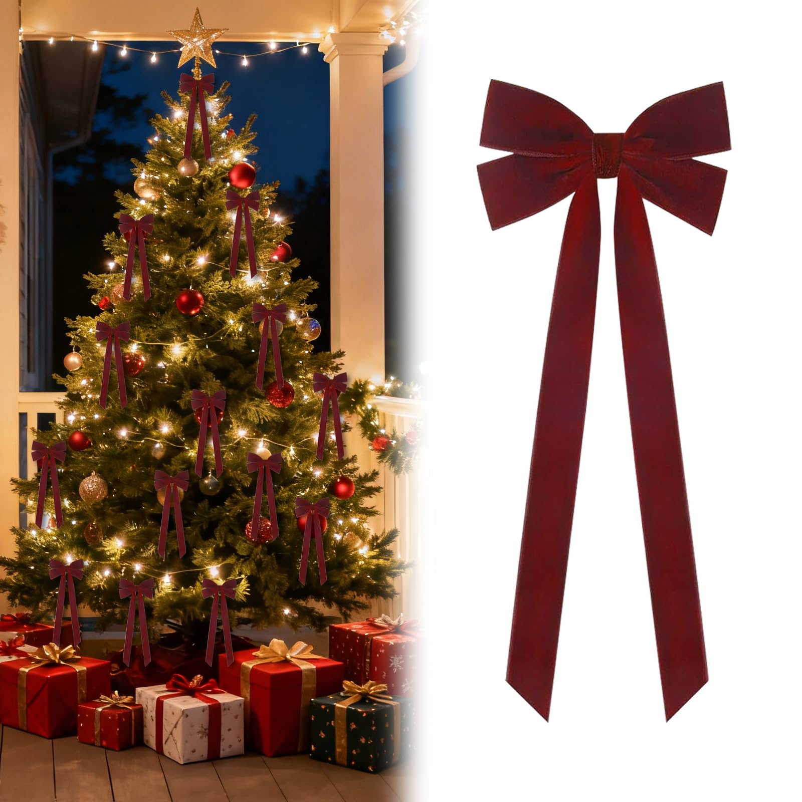 YUDANSI Double Burgundy Velvet Bows, 13 x 26cm Big Christmas Tree Bows