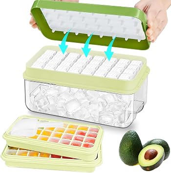 Ice Cube Tray with Lid and Bin, 64 pcs Ice Tray Kit with Ice Scoop, Ice Cube Pop Out Tray, Ice Cube Trays for Freezer, Ice Cube Molds, BPA Free, Easy Release Stackble Spill-Resistant ZZWILLB Green
