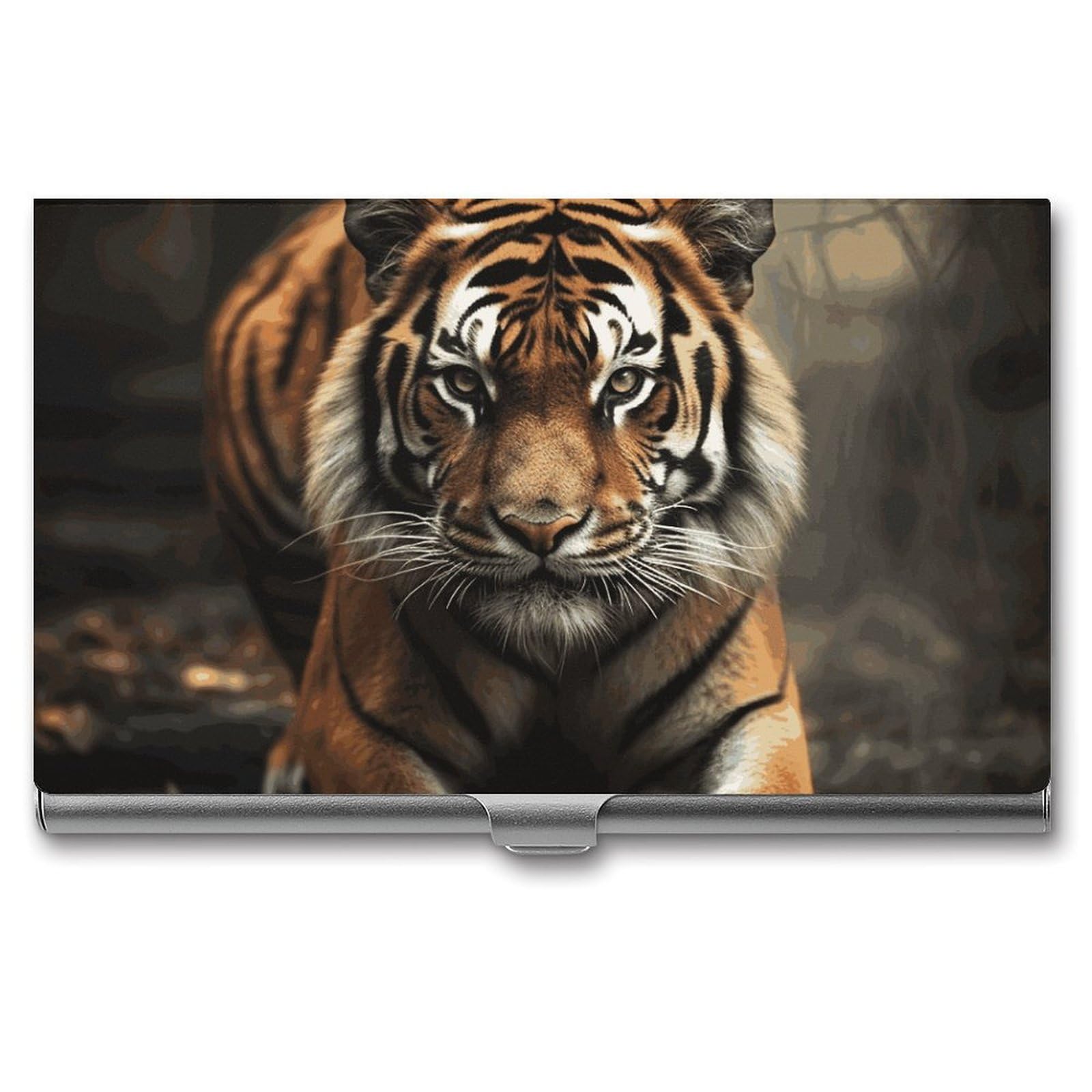 BTCOWZRV Wild Animals Tiger Business Card Holder Metal Slim Business Card Case, Pocket Card Holder for Men Women Purse Name Card Holder Stainless Steel Wallet Credit ID Case for Office