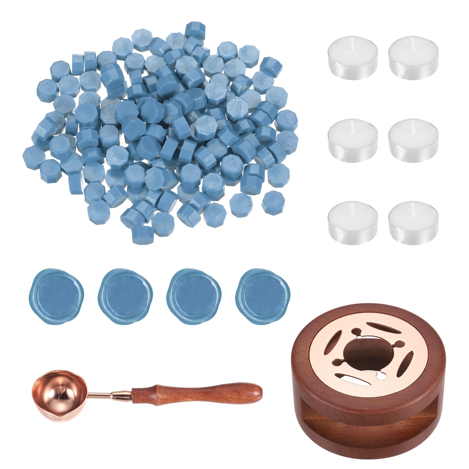 PATIKIL Wax Seal Kit, 150 Pcs Wax Sealing Beads, Wooden Warmer, Melted Spoon, 6 Pcs Tealight Candles for Envelope Letter Mailing Crafts DIY, Haze Blue