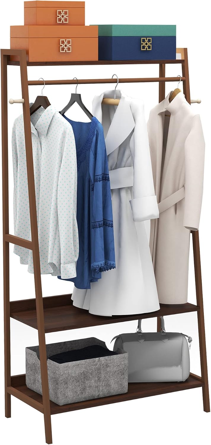 DEILALY 4 Tier Wood Garment Rack Clothing Closet Wardrobe with Hanging