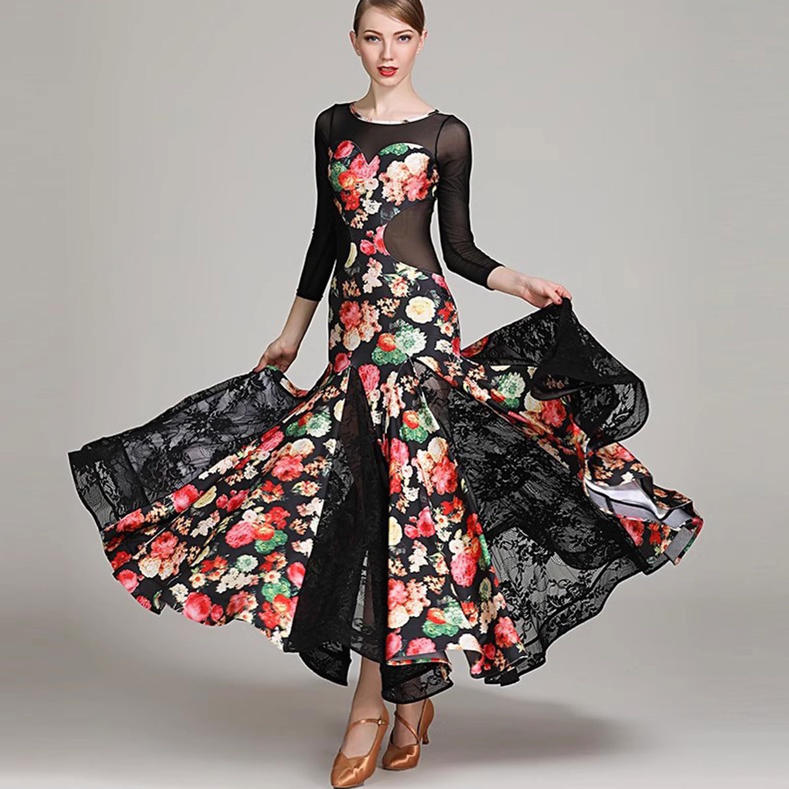 Strój Konkursowy do Tańca Towarzyskiego Strój do Tańca Tango Walc d Długim Rękawem Nadrukiem Elegancki Strój do Tańca Foxtrot Strój do Tańca Flamenco z Okrągłym Dekoltem