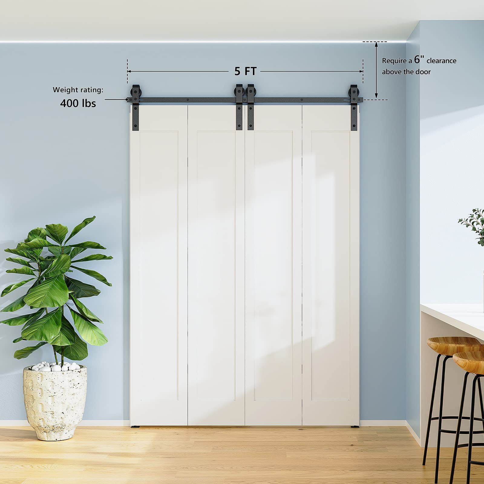 ROOMTEC Kit de quincaillerie pour porte de grange coulissante à deux battants de 1,5 m, kit de rouleau noir pour 4 portes, en forme de J (sans porte)
