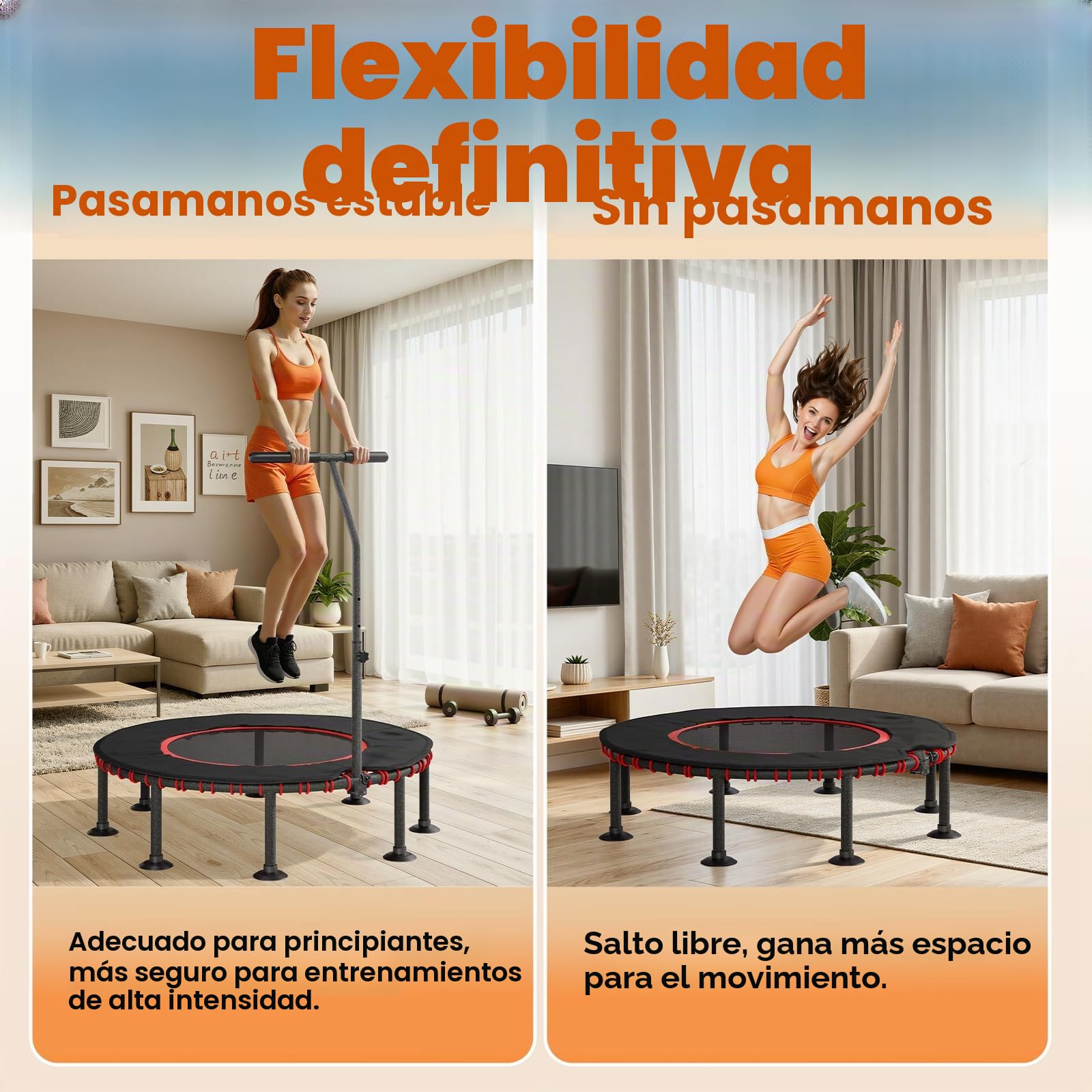 LIFERUN Trampolín de Fitness para Interior | Cubierta Protectora Acolchada | hasta 150 kg de Capacidad Carga | 3 Alturas Asa Ajustables | Sin Instalación | Niños Adultos | Ø102 cm/Ø122 cm | Hogar