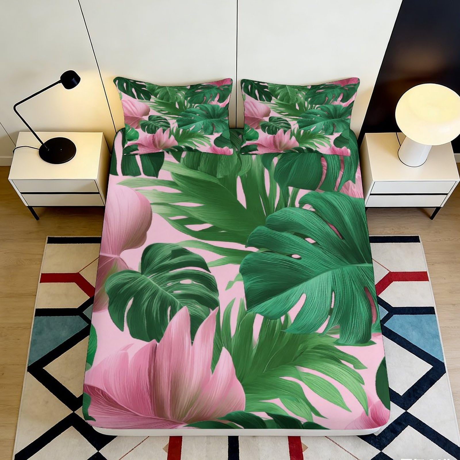Uynsixtme Style-3 3D Printed Tropical Leaves Fitted Sheet Microfiber Deep Pocket Non-Slip Tropical Pattern Mattress Fitted Cover Bedroom Bedding 90X200x25cm
