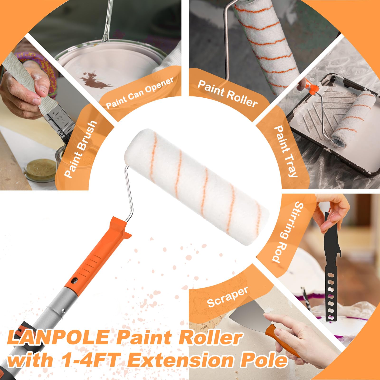LAANPOLE Kit de Rodillo de Pintura LAANPOLE, 27 Piezas de Suministros de Pintura, Rodillos de Pintura de 23cm y 10cm, Poste Extensible de 0,3 a 1,3m, Pinceles Para Paredes, Naranja