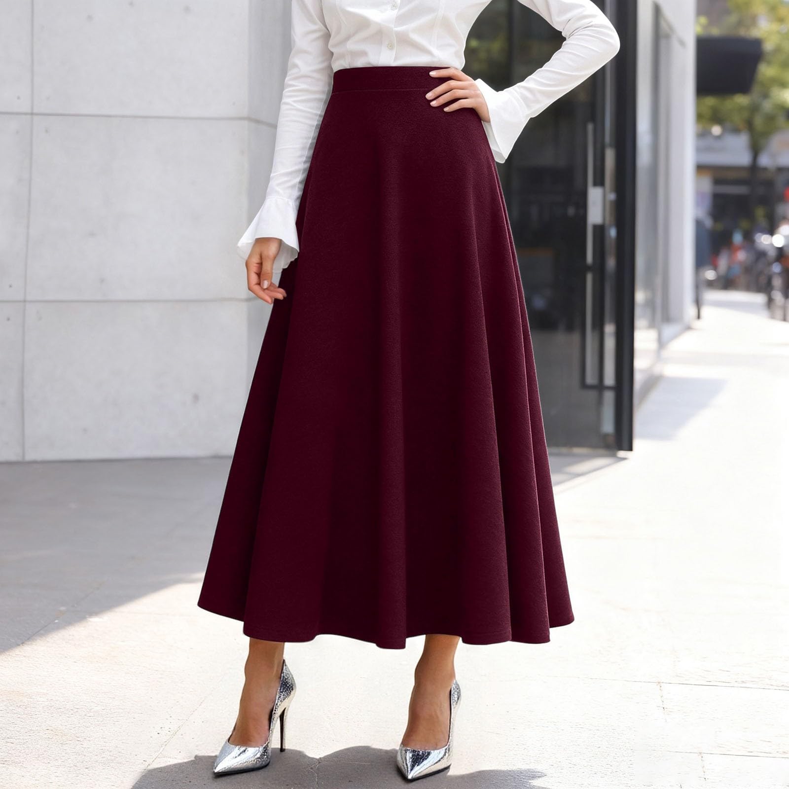 Falda midi plisada de talle alto tejido mixto acampanado oscilante cálido invierno estructurado elegante festivo falda larga con bolsillos