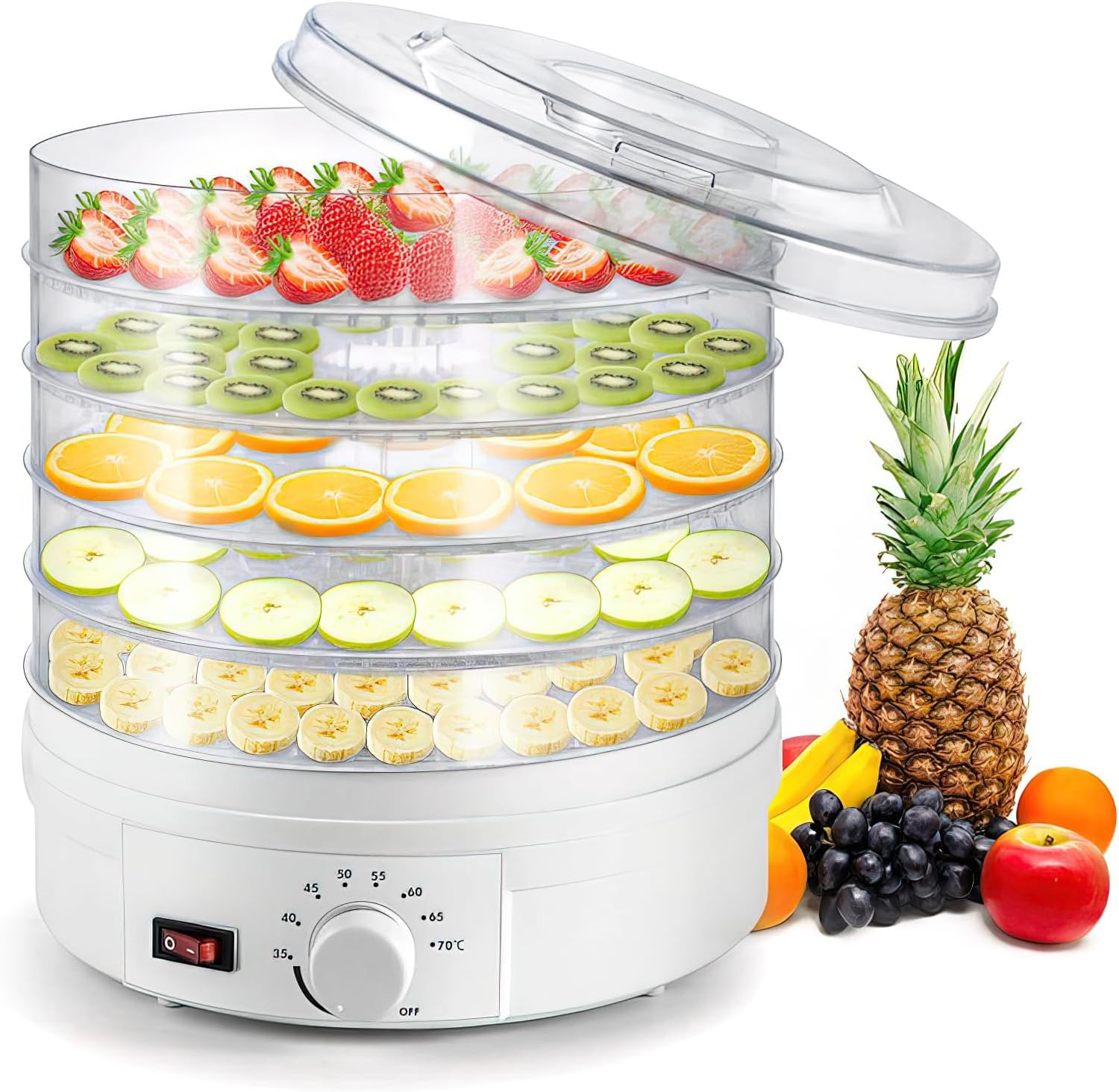 Food Dryer, Dehydrator Machine, Heat Drying, 70℃ Temperature Control, 5 BPA-Free Stackable Tray, with Powerful Drying Capacity for Jerky, Fruit, Meat, Veggies, Dog Treats, Herbs, Yogurt