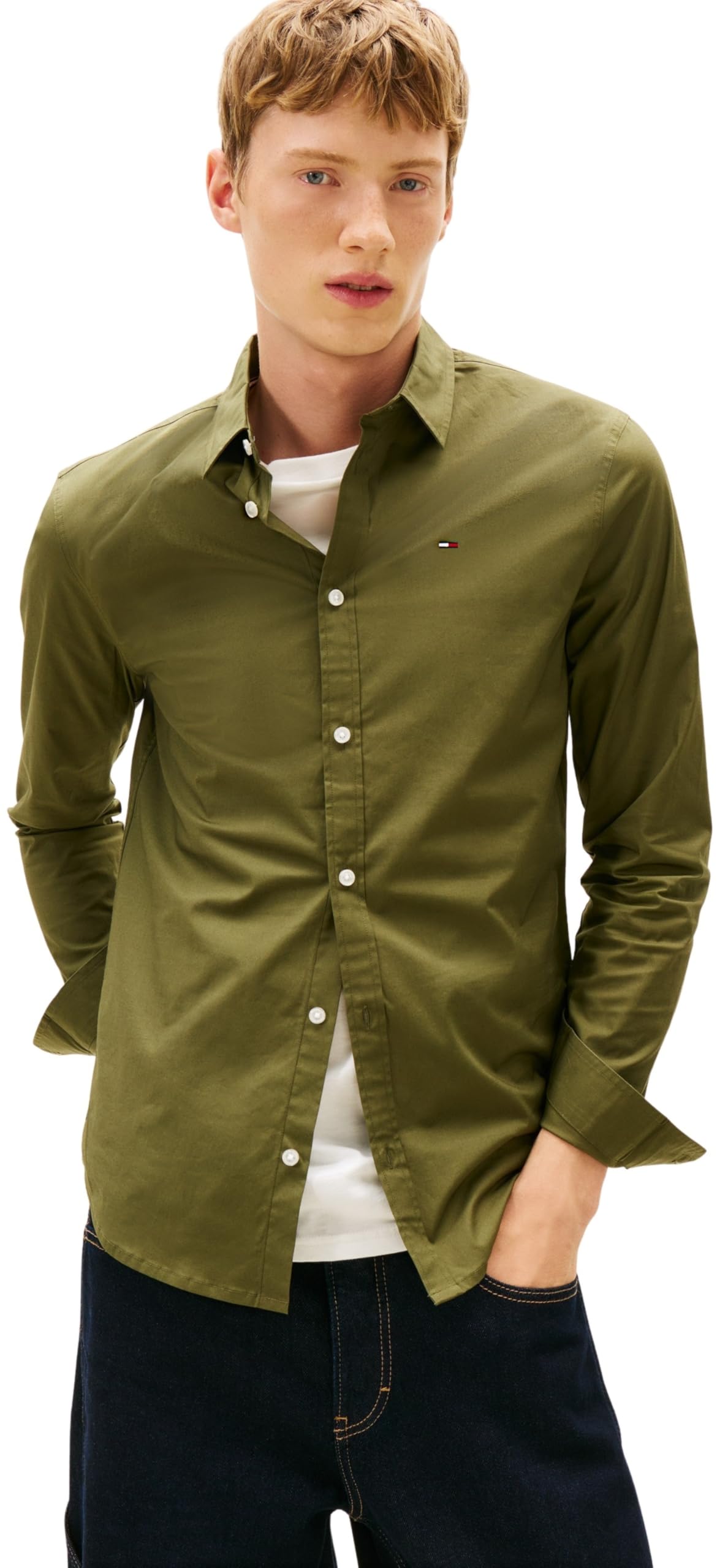 Tommy Jeans Men's TJM Original Stretch Shirt DM0DM04405 L/S Shirt, Green (Dark Greenery), S