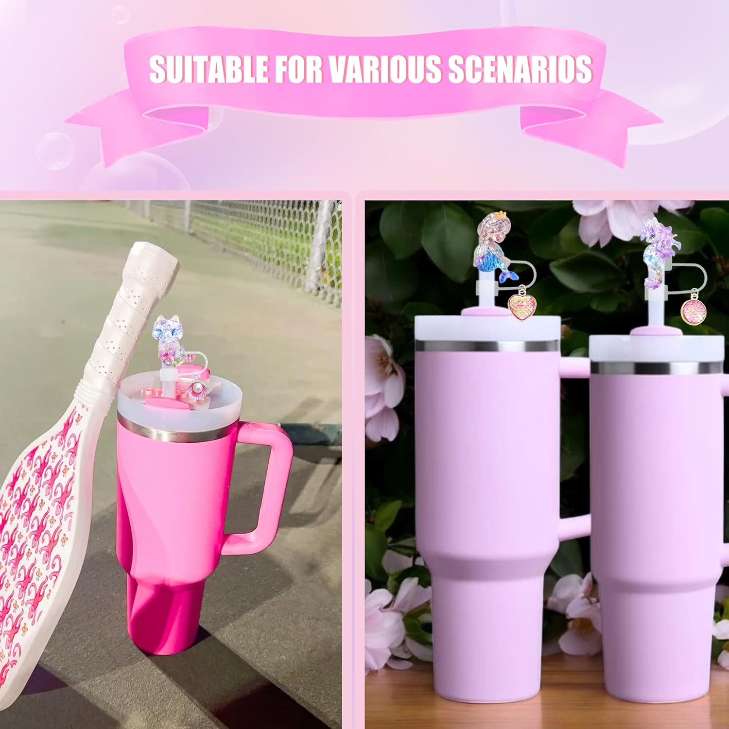 Straw Toppers Set, Mermaid Straw Covers Cap with Clip-on Bling Charms for 30oz 40 0z Stanley Tumblers, 10mm Cute and Shiny Modern Simple Tips Stanley Accessories - Image 7