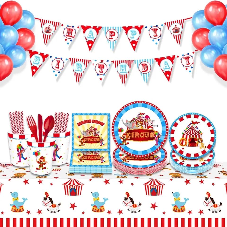 Carnival Birthday Party Supplies 230pcs Serves 16 | Complete Pack for Birthday includes Banner, Table Cover, Dinner and Dessert Plates, Cups, Straws, Spoons, Forks, Knives, Napkins, Balloons
