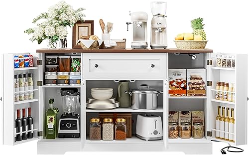 Miniatura 24 de Gabinete Buffet con Almacenamiento Estilo Granja con 4 Puertas y 2 Cajones, Gabinete de Almacenamiento de Cocina Grande de 55'' Madera Azul Barra de