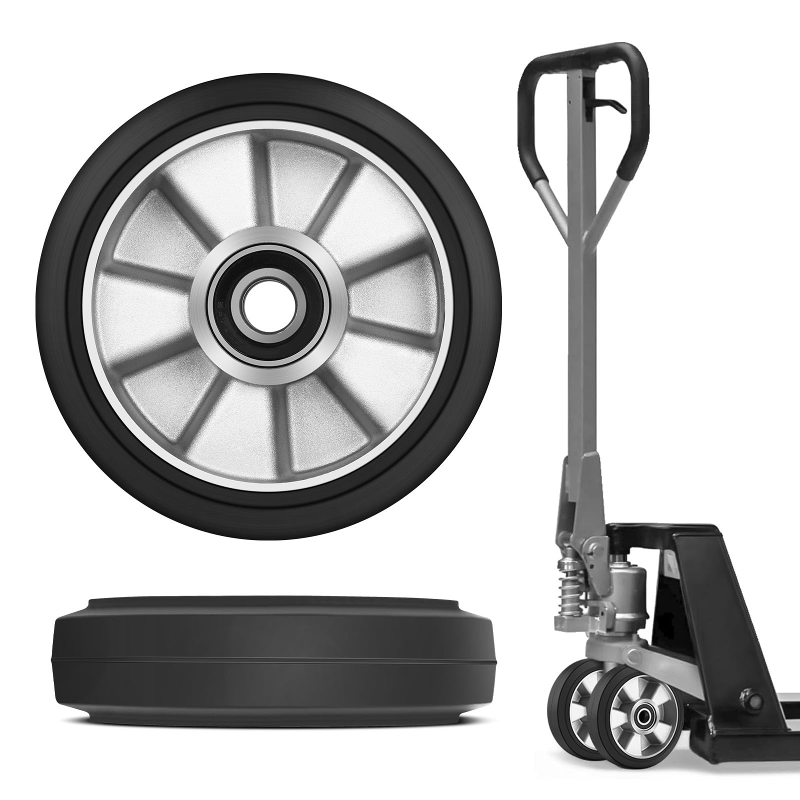 2 x 200 x 50 mm Rubber Wheels 200 x 50 mm Axle 20 mm Includes Ball Bearings Spare Wheels Maximum Load 1500 kg