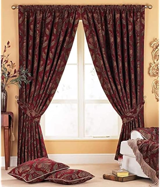 Shiraz Pencil Pleat Curtains (Pair) - Burgundy Red and Gold - Damask Jacquard Tapestry, 168cm x 183cm