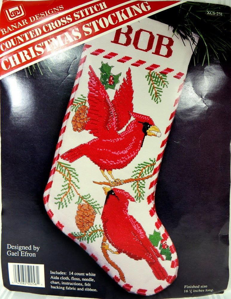 Red Cardinal Birds Counted Cross Stitch Christmas Stocking Embroidery KIT XCS-258 Banar Designs