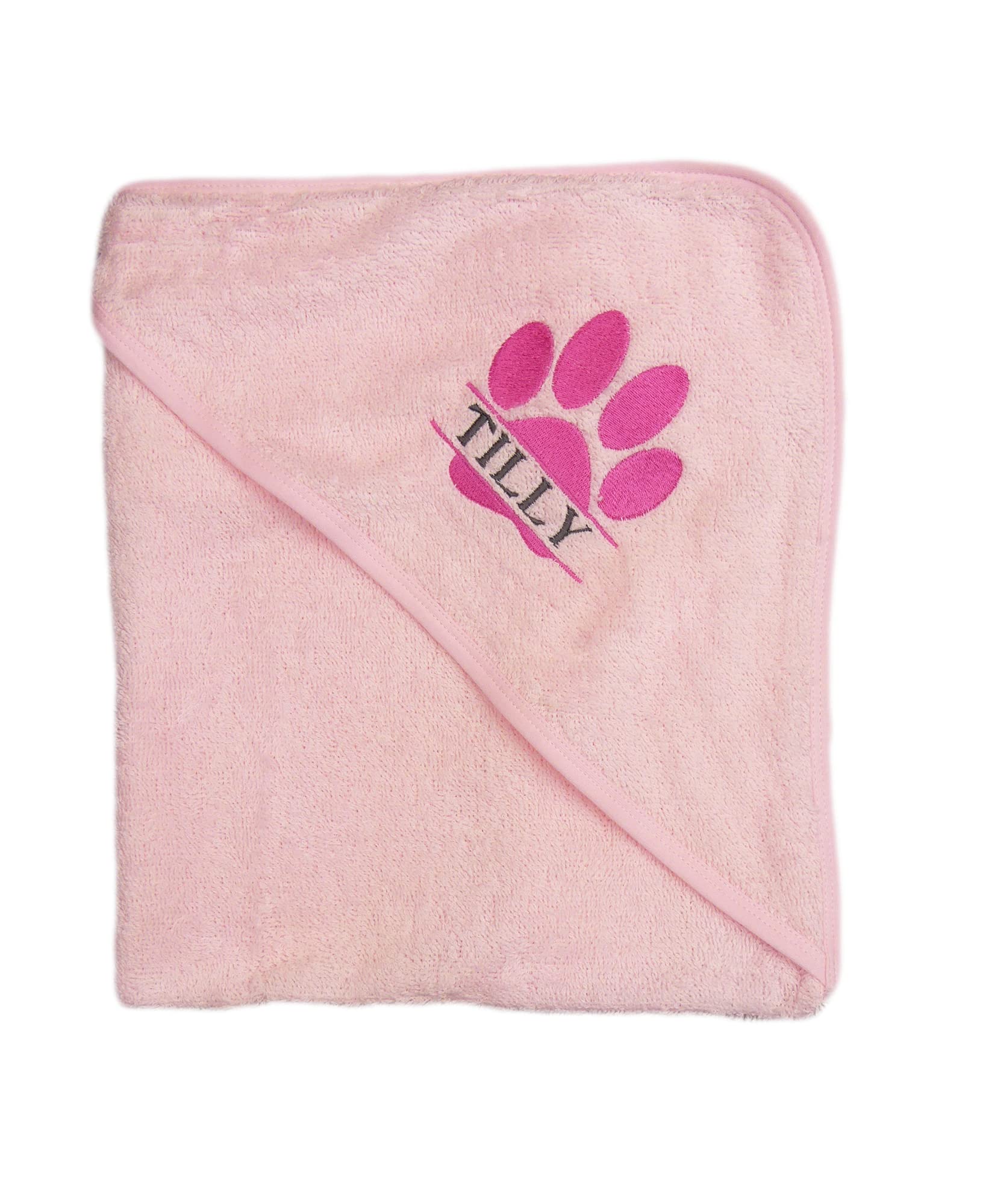 The Pyjama Party Pink Large Paw Print Personalised Puppy Dog Towel With Hood 75 X 75Cm Super Absorbent Great Gift (Pink Large Paw Print)